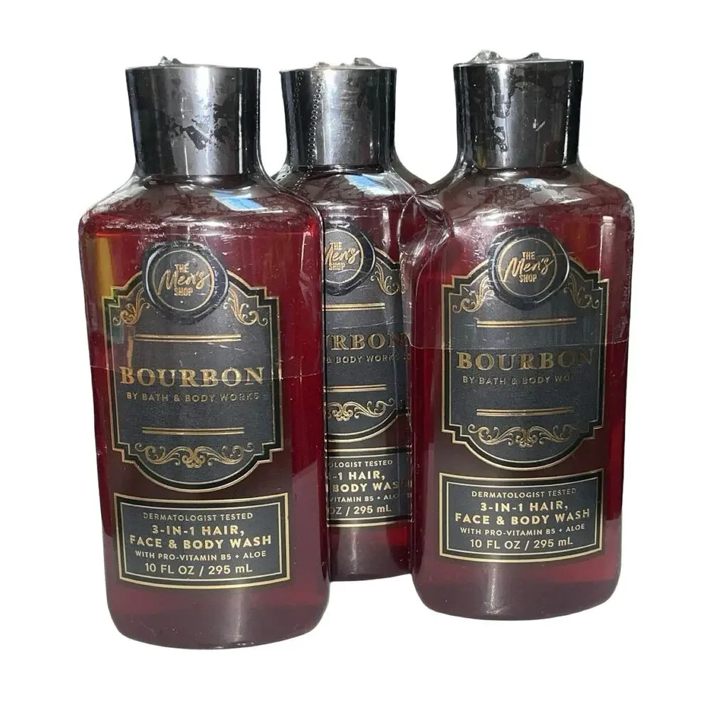 Bath & Body Works Bourbon Men's 3-in-1 Hair Face Body Wash 10oz Lot Set of 3 BBW